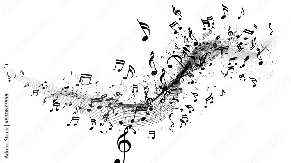 Canvas Prints simple musical notes illustration back and white, come from top right corner, flowing