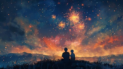 Father and Son Watching Fireworks