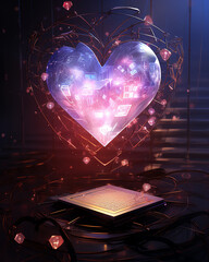 A glowing, futuristic heart levitates above a book, symbolizing digital love.