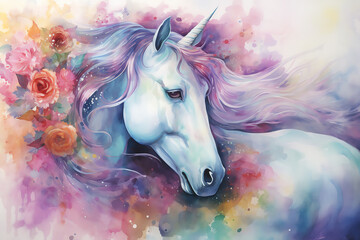Watercolor painting of a white unicorn with a purple mane and horn, surrounded by pink roses.