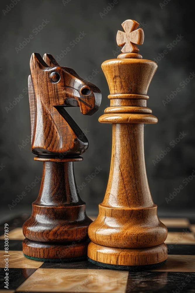 Poster Close up of two chess pieces on a chess board. Suitable for strategy and competition concepts