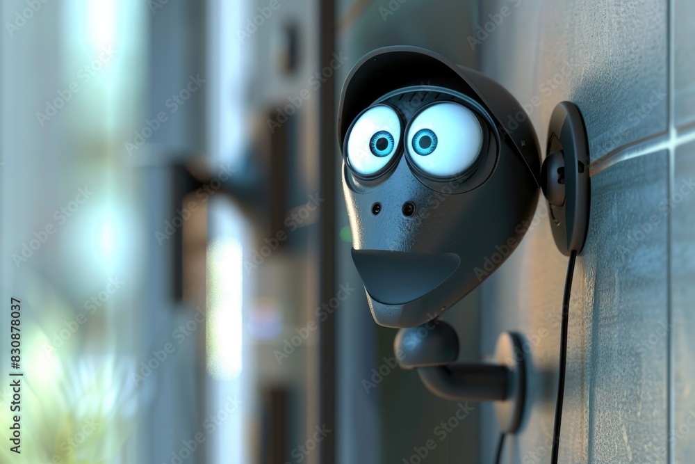 Poster a black robot with big eyes hanging on a wall. suitable for technology and futuristic concepts