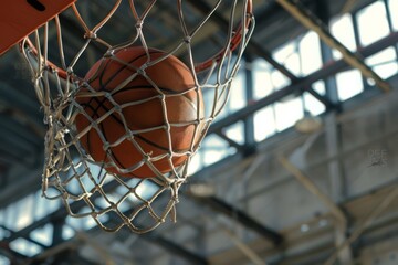 Fototapeta premium A basketball with the basketball coming from the net, generated with AI