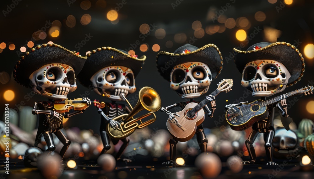 Wall mural A cute illustration of a Mexican mariachi band made up of calaveritas skeletons. Each member has big, adorable eyes, generated with AI