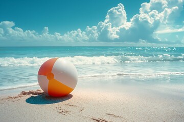 Colorful beach ball lying on the white sand of an empty tropical sandy shore with gentle waves lapping at its edge under a bright blue sky.
