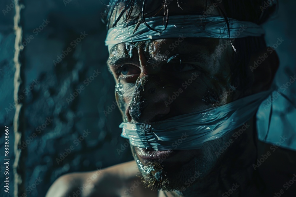 Poster a man with tape wrapped around his face. suitable for concepts of censorship and silence