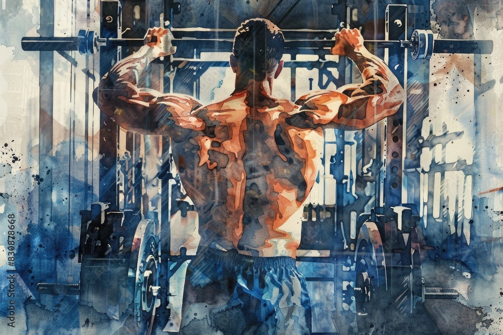Poster a man exercising with pull up in a gym, suitable for fitness and workout concepts