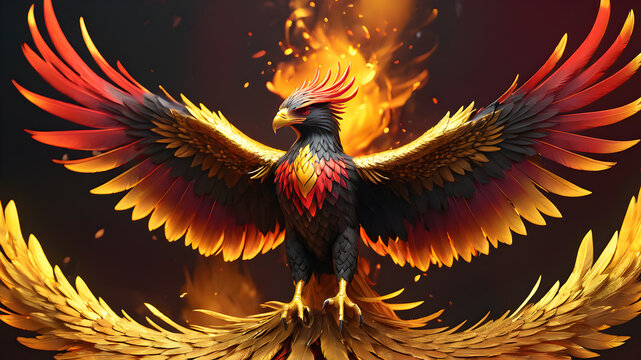 Phoenix bird fire fantasy firebird abstract magic 3D eagle animal. Phoenix bird fire tale character illustration render hawk fairy wings graphic feather gold background, Generative AI