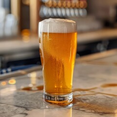 A large static pool of spilt golden foamy beer wide-angle high-angle camera view, generated with AI