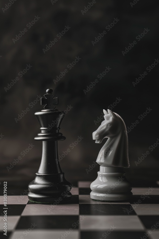 Poster black and white chess board with two chess pieces. suitable for strategy and competition concepts