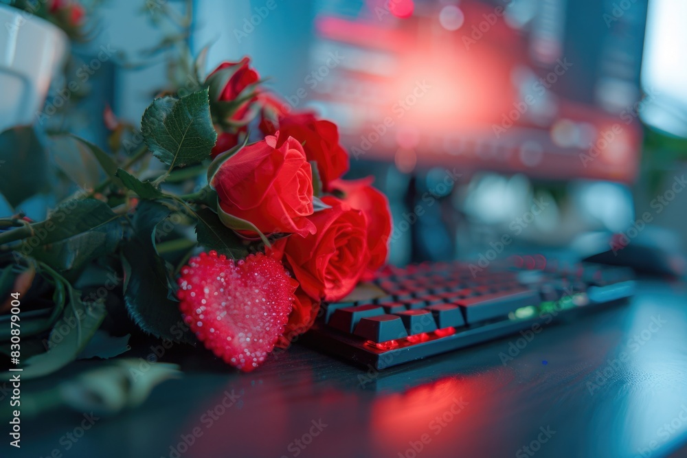 Poster a beautiful bouquet of red roses placed next to a computer keyboard. perfect for technology and flow