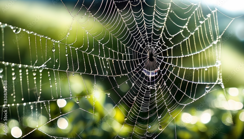 Poster a stunning close-up of a spider web adorned with dew drops, beautifully illuminated by soft morning 