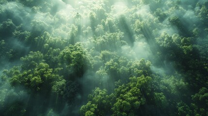 A scene shot from a birds eye view shows a dense forest, with trees towering into the clouds and sunlight shining through the leaves, adding a touch of mystery to the whole picture, generated with AI