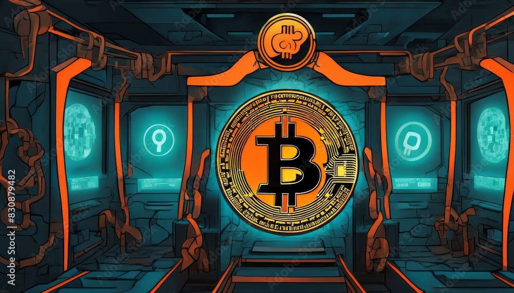 Poster a large bitcoin symbol dominates a high-tech, neon-lit cyberspace environment with digital screens s