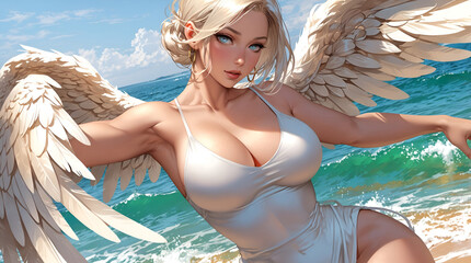 Naklejka premium A beautiful angel woman in anime style with wings. A white swimsuit. The light background of the sea. Desktop wallpaper