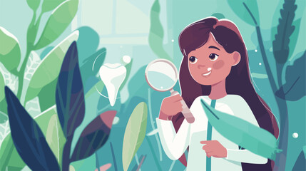 Dentists day concept. Girl looks at tooth with magnif