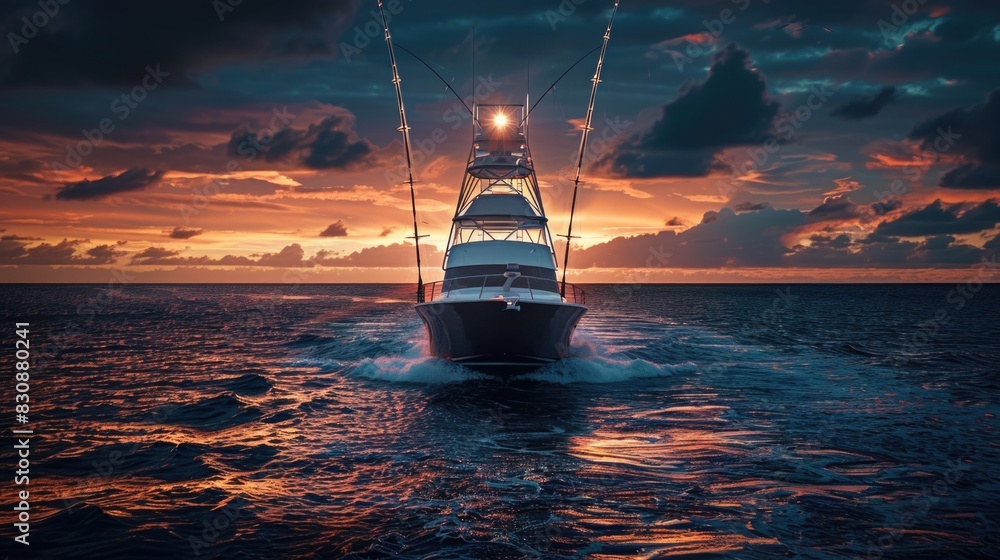 Poster a boat floating in the middle of the ocean at sunset. perfect for travel and nature concepts