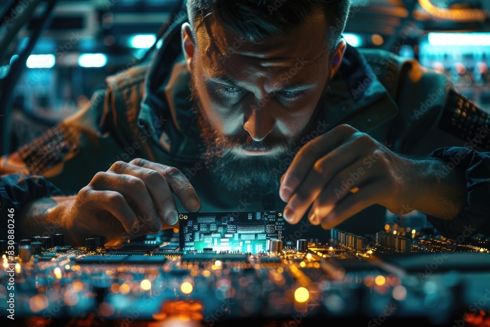 Poster A man is seen working on a circuit board. Suitable for technology concepts