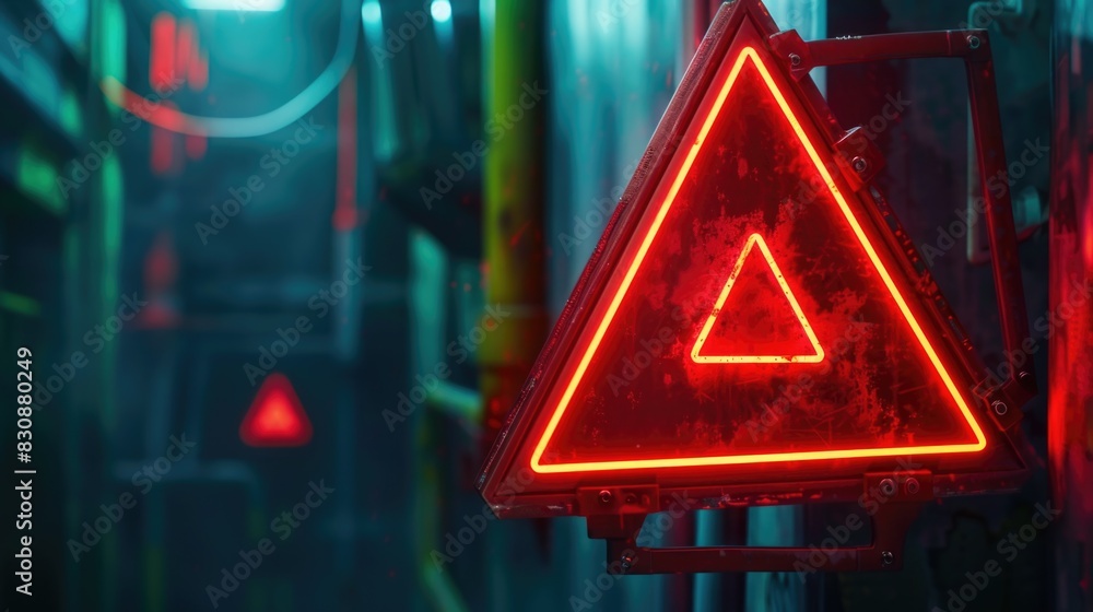 Poster red triangle sign hanging from the side of a building. suitable for urban and safety concepts