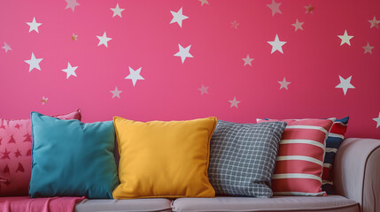 Interior of pink children living room with colorful stars on pink wall 