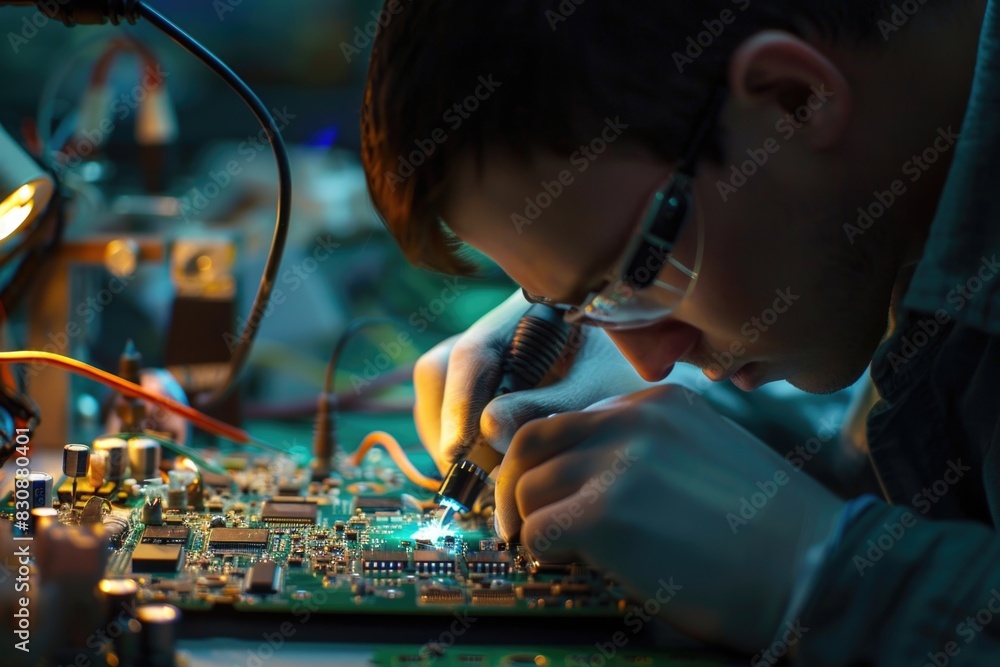 Poster A man is seen working on a circuit board. Ideal for technology or electronics related projects