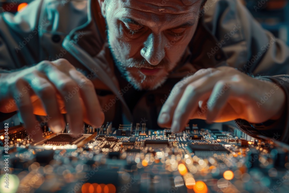 Poster A man is seen working on a circuit board. Suitable for technology and engineering concepts
