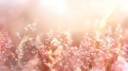 Blurred beige background with delicate grass flowers, soft focus, light pink and white color...