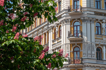 Beautiful classic old building facade on the blooming streets of Kyiv. 