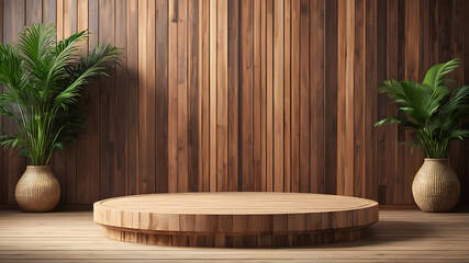 Podium background wooden wood platform product stand display pedestal 3D. Circle wooden podium background floor texture empty shelf beauty showcase green mockup, Generative AI