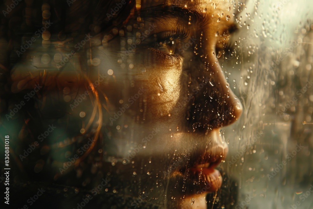 Poster close up shot of a person gazing out a window, suitable for various concepts