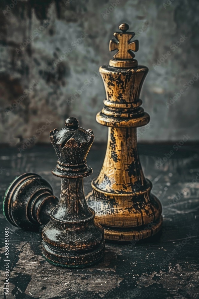 Poster Two chess pieces on a table, suitable for strategy and game concepts