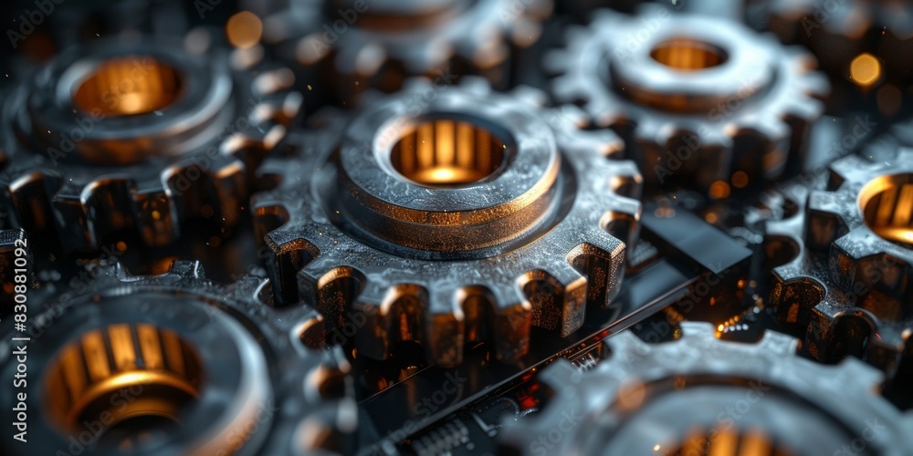 Poster close-up of interlocking metal gears with a warm glow, showcasing intricate details and textures in 