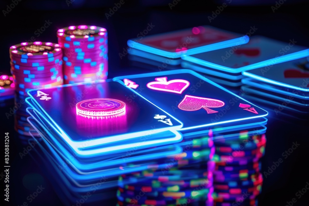 Poster a table covered with stacks of playing cards and casino chips. suitable for gambling or entertainmen