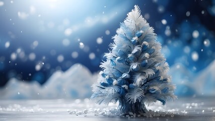 Innovative Idea for the Holidays and New Year. Gorgeous feathered Christmas tree with a backdrop of blue and white ice and precipitation. Beautiful artistic image, delicate, sensitive, exquisite. Temp