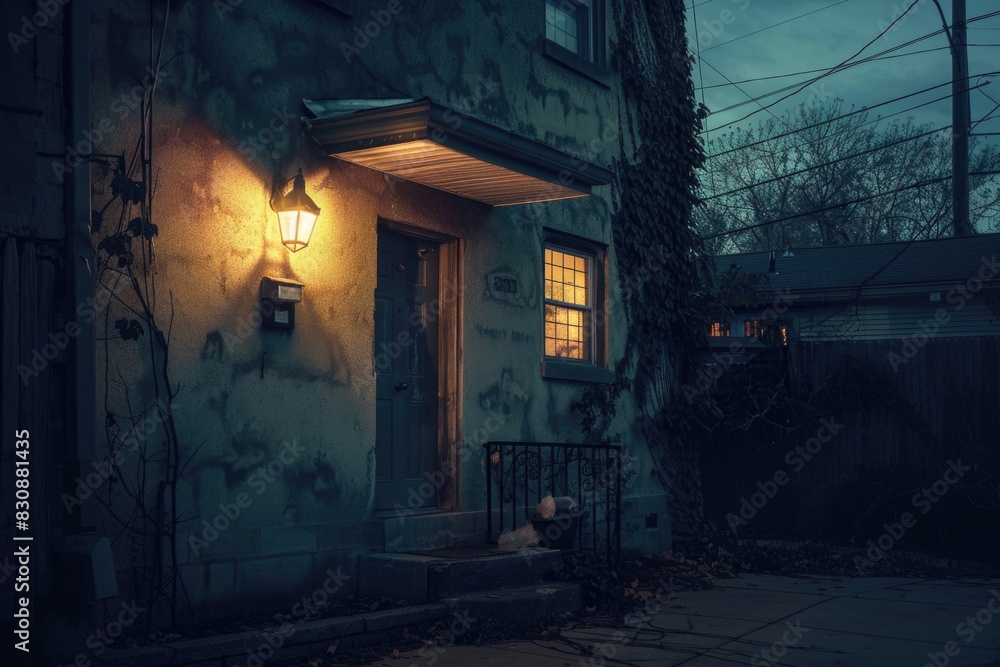 Poster a house with a glowing light in the dark. suitable for real estate or security concepts