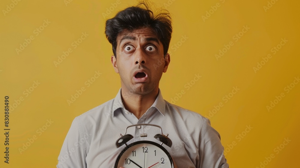 Aufkleber Man holding a clock with a surprised expression, suitable for time management concepts