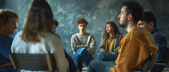 Group therapy participants sitting in a circle discussing addiction or psychological problems.
