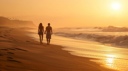 Two people walking on beach at sunset