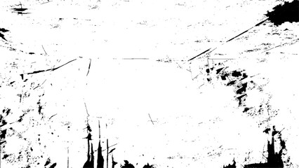 Grunge black and white pattern. Monochrome particles abstract texture. Background of cracks, scuffs, chips, stains, ink spots, lines. Dark design