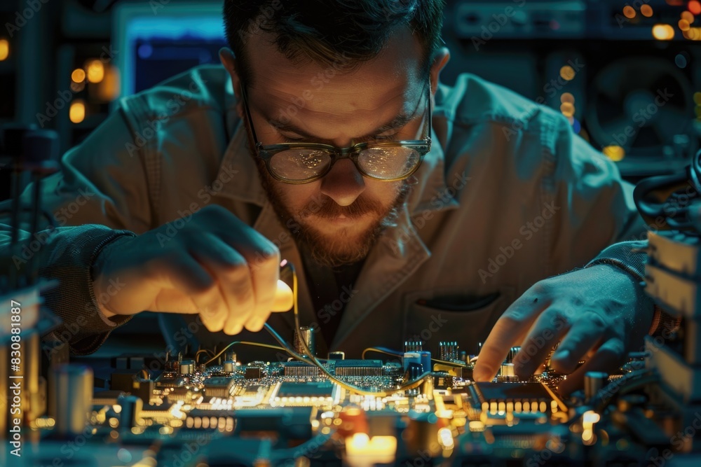 Aufkleber a man is focused on repairing a circuit board. ideal for technology and electronics concepts