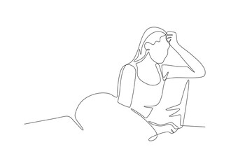 Frustrated woman having trouble sleeping while leaning back. Struggling to sleep concept one-line drawing