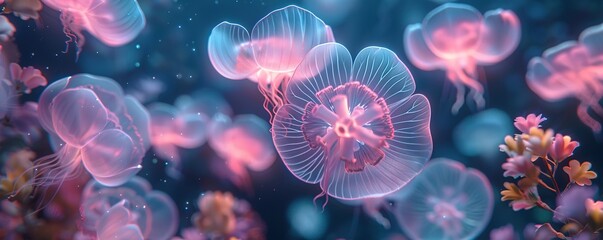 Surreal jellyfish underwater scene with vibrant colors. - Powered by Adobe