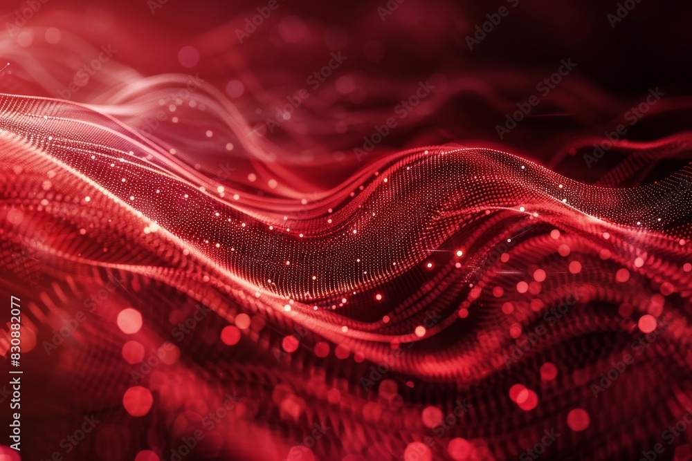 Poster an abstract digital illustration featuring shimmering red waves with particles conveying a sense of 