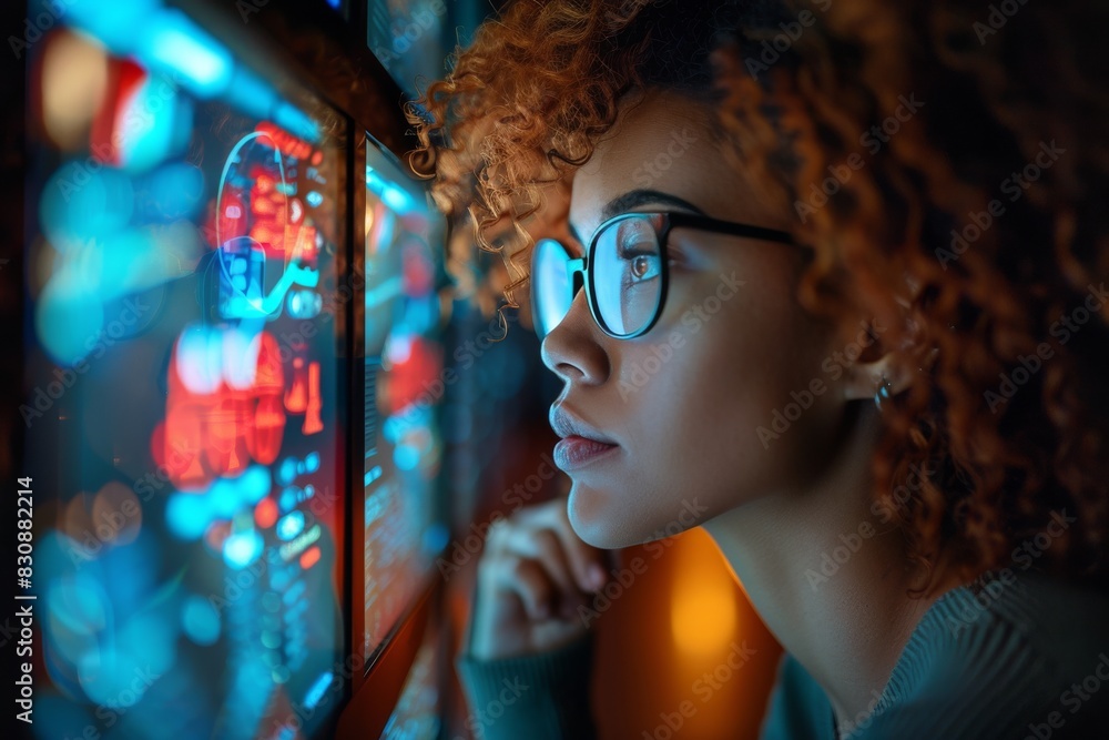 Poster person captivated by a colorful data display on a computer screen showing digital data