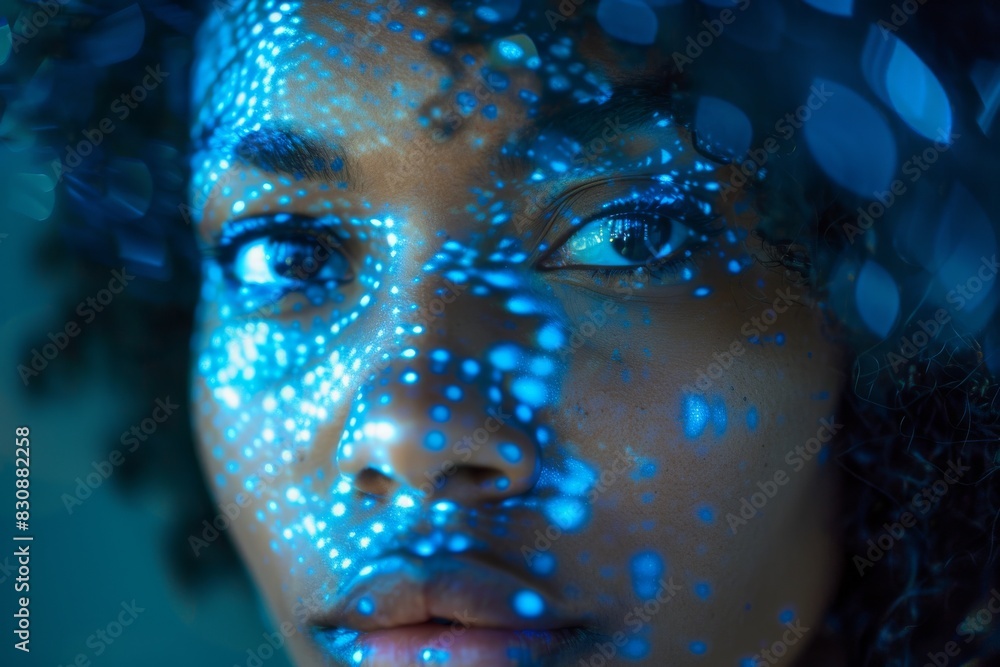 Poster this image features a blue gradient background with bokeh effects from out of focus lights or object
