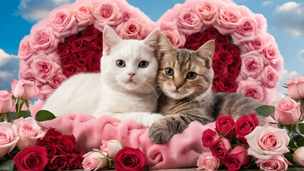 Cat lover against romantic valentine background. Wedding card.