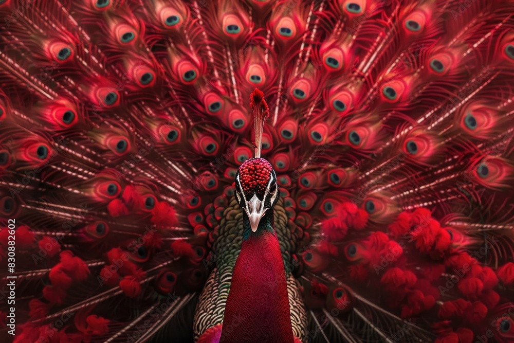 Poster a stunning red peacock displaying its colorful feathers. perfect for nature-themed designs