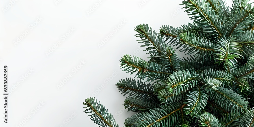 Poster a close up of a pine tree branch with green needles on it's branches and a white background