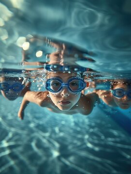 childs swims in the pool underwater