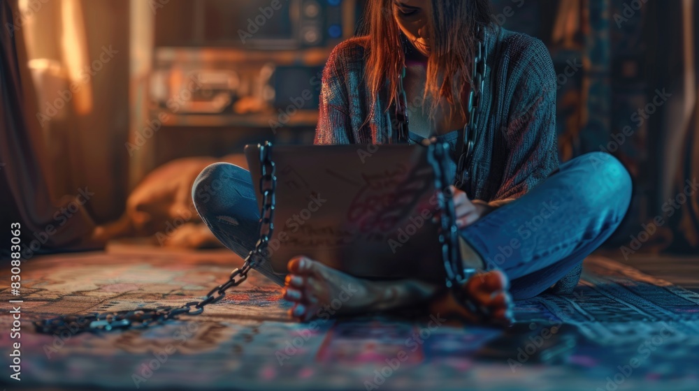 Poster a woman sitting on the floor and using a laptop. suitable for technology and remote work concepts